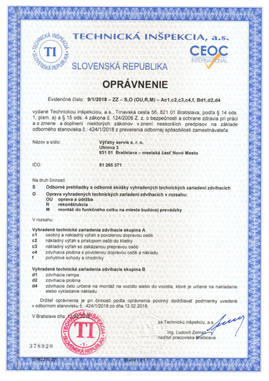 Oprávnenie Technická inšpekcia